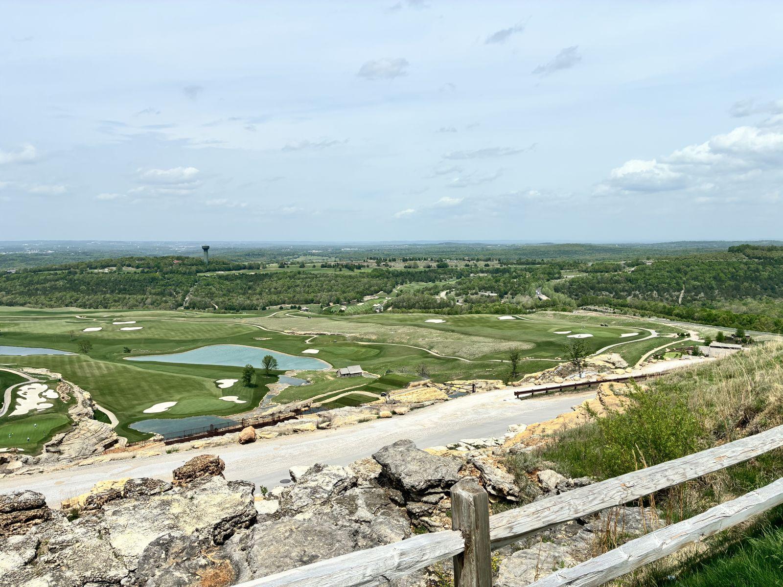 Panoramic view across the Top of the Rock golf course and the Ozark hills from the clifftop overlook in Ridgedale, Missouri