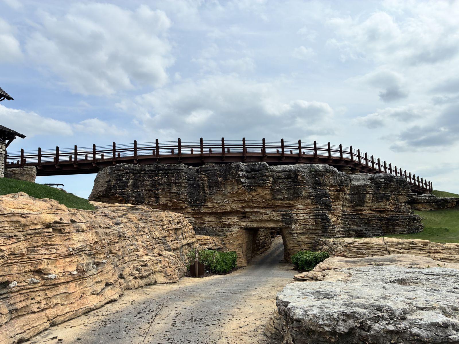 The stone arch cart bridge and rock tunnel at Top of the Rock golf course near Branson