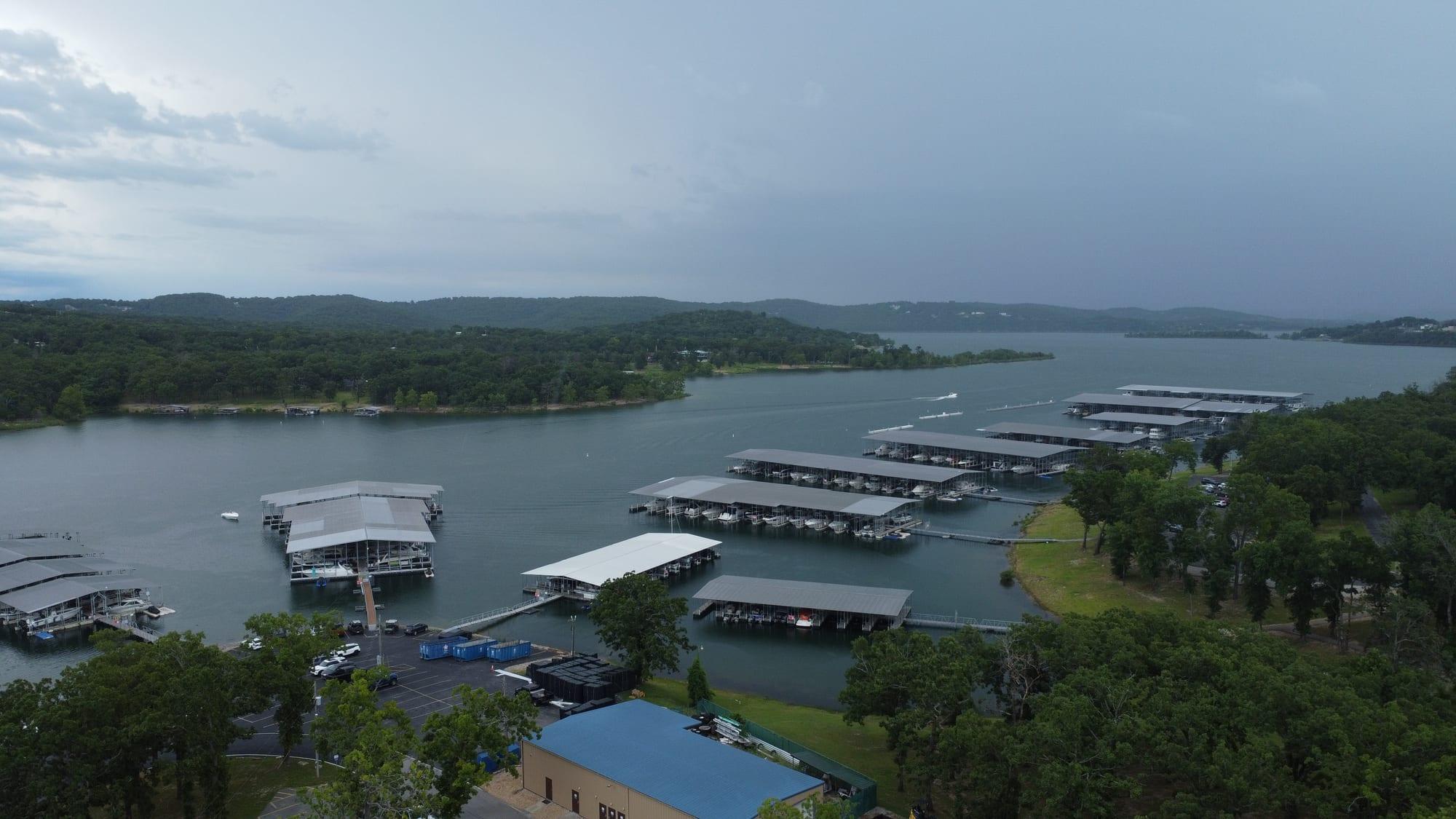 Table Rock Lake and covered boat slips at Port of Kimberling Marina